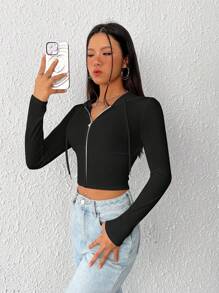 SHEIN EZwear Y2k 拉链抽绳连帽短款连帽衫，毕业长袖上衣，返校服装，毕业典礼，女士教师服装，秋冬返校 - 黑色 - 查看 5