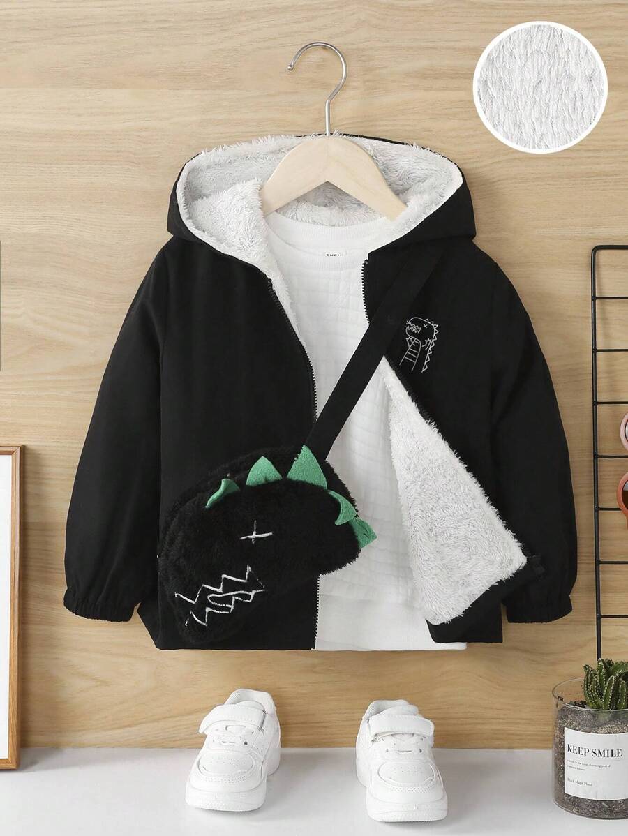 SHEIN 男小童恐龍印花毛絨內襯連帽夾克附包 - 黑色 - 查看 1