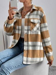 SHEIN Unity Áo khoác có túi trễ vai in họa tiết kẻ sọc - Nhiều màu - Xem 3