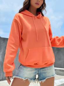 INAWLY Kangaroo Pocket Drop Shoulder Drawstring Hoodie,Long Sleeve Tops - Orange - View 1