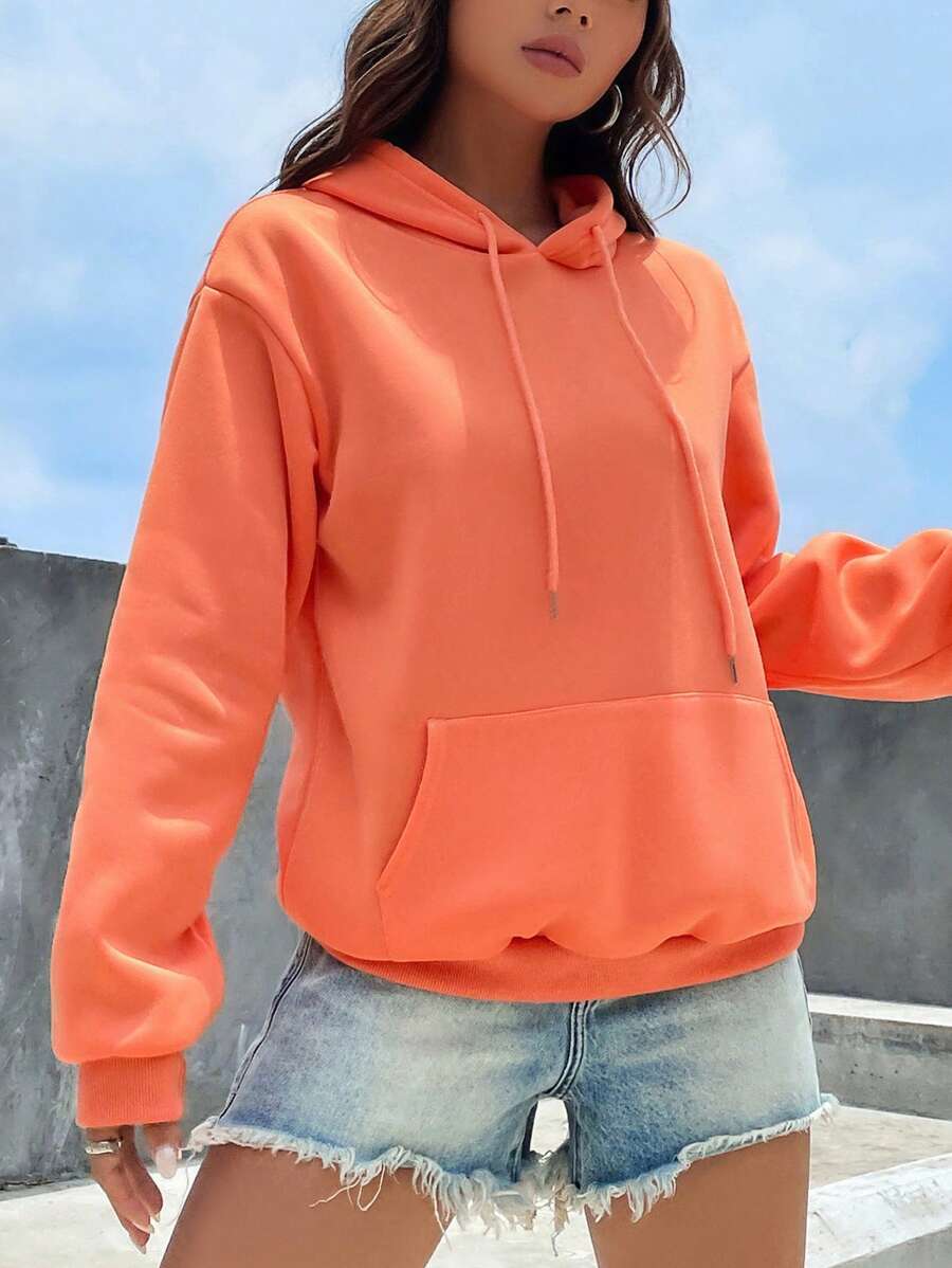 INAWLY Kangaroo Pocket Drop Shoulder Drawstring Hoodie,Long Sleeve Tops - Orange - View 1