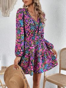 SHEIN VCAY Allover Floral Print Tie Back Lantern Sleeve Ruffle Hem Dress - Multicolor - View 5
