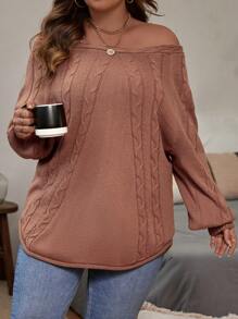 SHEIN LUNE Plus Off Shoulder Cable Knit Sweater - Camel - View 5