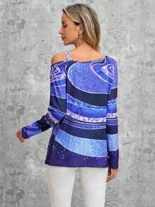 EMERY ROSE Asymmetrical Neck Graphic Print Tee - Blue - View 2
