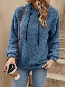 SHEIN LUNE Solid Drawstring Teddy Hoodie - Navy Blue - View 1