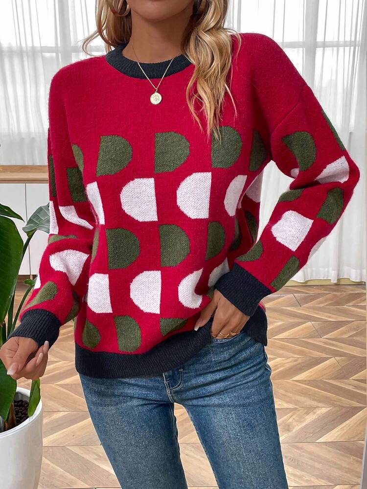 Polka Dot Pattern Drop Shoulder Contrast Trim Knit Pullover Fall Winter Sweater