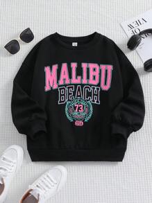 SHEIN Tween Girls' Loose Fit Knitted Round Neck Letter Printed Casual Sweatshirt - Black - View 1