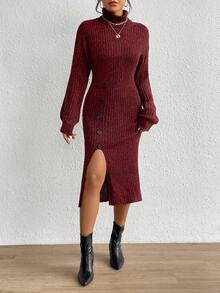 SHEIN Privé Áo cao cổ Chi tiết Nút Tách đùi Tay áo lồng đèn Đầm Áo len - Màu Đỏ Sâu - Xem 4