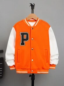 SHEIN Cậu bé Tween 1 Miếng Thư được vá Sọc trang trí Khối màu Áo khoác Đại học - Nhiều màu - Xem 4