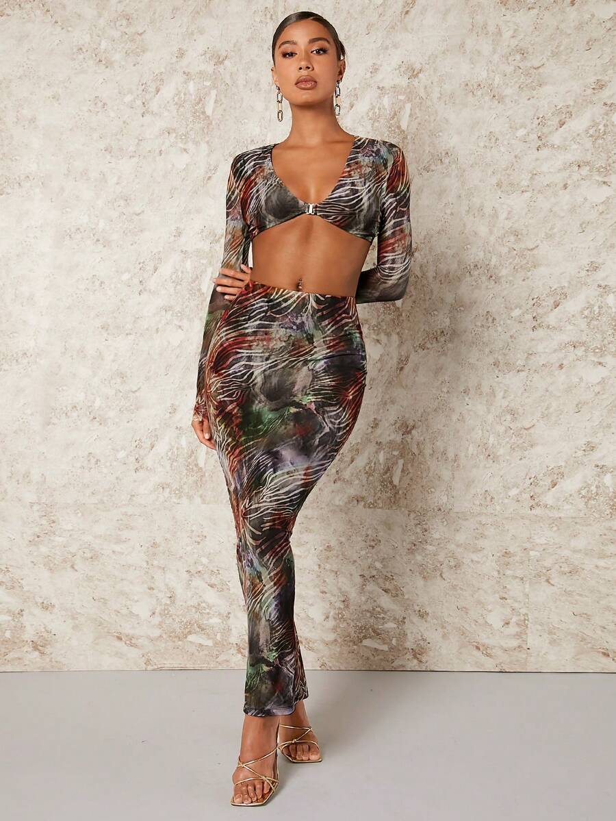 SHEIN BAE In Toàn bộ Top Cây trồng & Tách đùi Váy - Nhiều màu - Xem 1