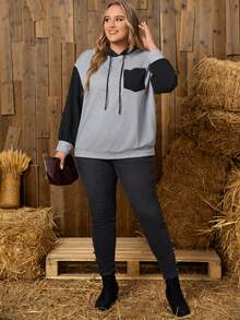 EMERY ROSE Áo nỉ dáng rộng phối màu, túi vá, vai rớt, dây rút. - Xám - Xem 5