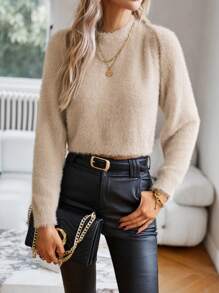 SHEIN Privé 素色絨毛針織上衣和開襟衫 - 卡其色 - 查看 5