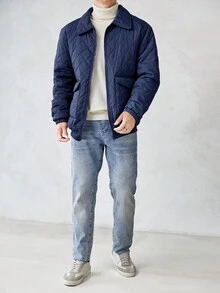 GENTILAND Men's Flap Pocket Zip Up Ultra Oversized Quilted Coat - Blue - View 6