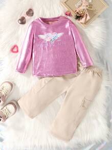 Baby Girl Heart & Letter Graphic Tee & Flap Pocket Pants - Pink - View 1