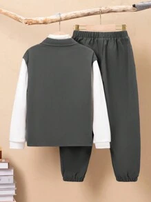 SHEIN 男大童字母貼布翻蓋口袋假兩件上衣&拼接滾邊長褲