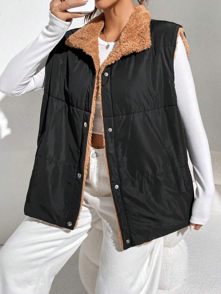 Teddy Lined Snap Button Vest Padded Coat