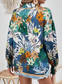 SHEIN VCAY 熱帶印花燈籠袖襯衫 - 藍色 - 查看 2