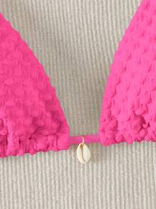 SHEIN Swim Summer Beach Faux Pearl Decor Halter Triangle Bikini Set - Hot Pink - View 3