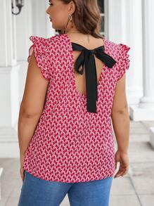 SHEIN Clasi 大碼滿版印花後綁帶荷葉邊襯衫 - 紅色 - 查看 5