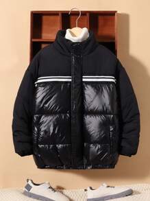 SHEIN Tween Boy Striped Tape Panel Zipper Padded Coat Without Sweater - Black - View 1