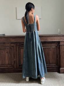 DAZY Women's Waist Cinched Long Casual Suspender Dress, Sexy Denim Dress For Summer Maxi Dress - Dusty Blue - View 3