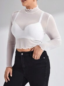 SHEIN Privé 大碼木耳邊小高領網紗上衣不附胸罩 - 白色 - 查看 1