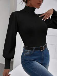 Cloudara Turtleneck Lantern Sleeve Ribbed Knit Sweater - Black - View 3