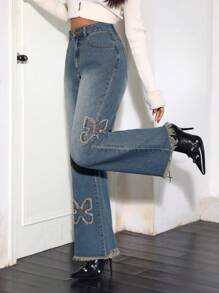 SHEIN ICON 蝴蝶圖案牛仔喇叭褲 - 藍色 - 查看 1