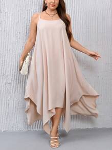 SHEIN Privé Plus Solid Hanky Hem Cami Dress - Apricot - View 4