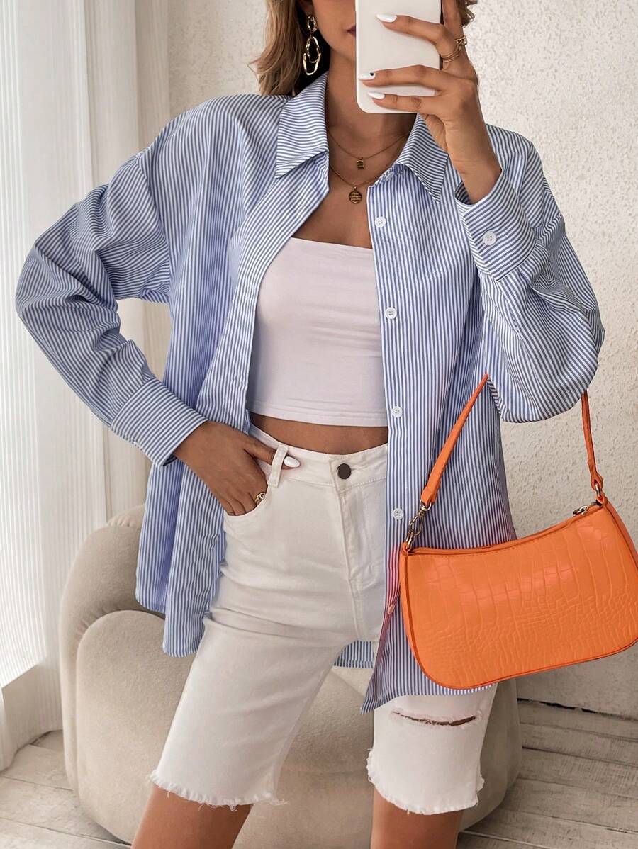 Chiquease Camisa con hombros caídos y estampado a rayas - Azul - Ver 1