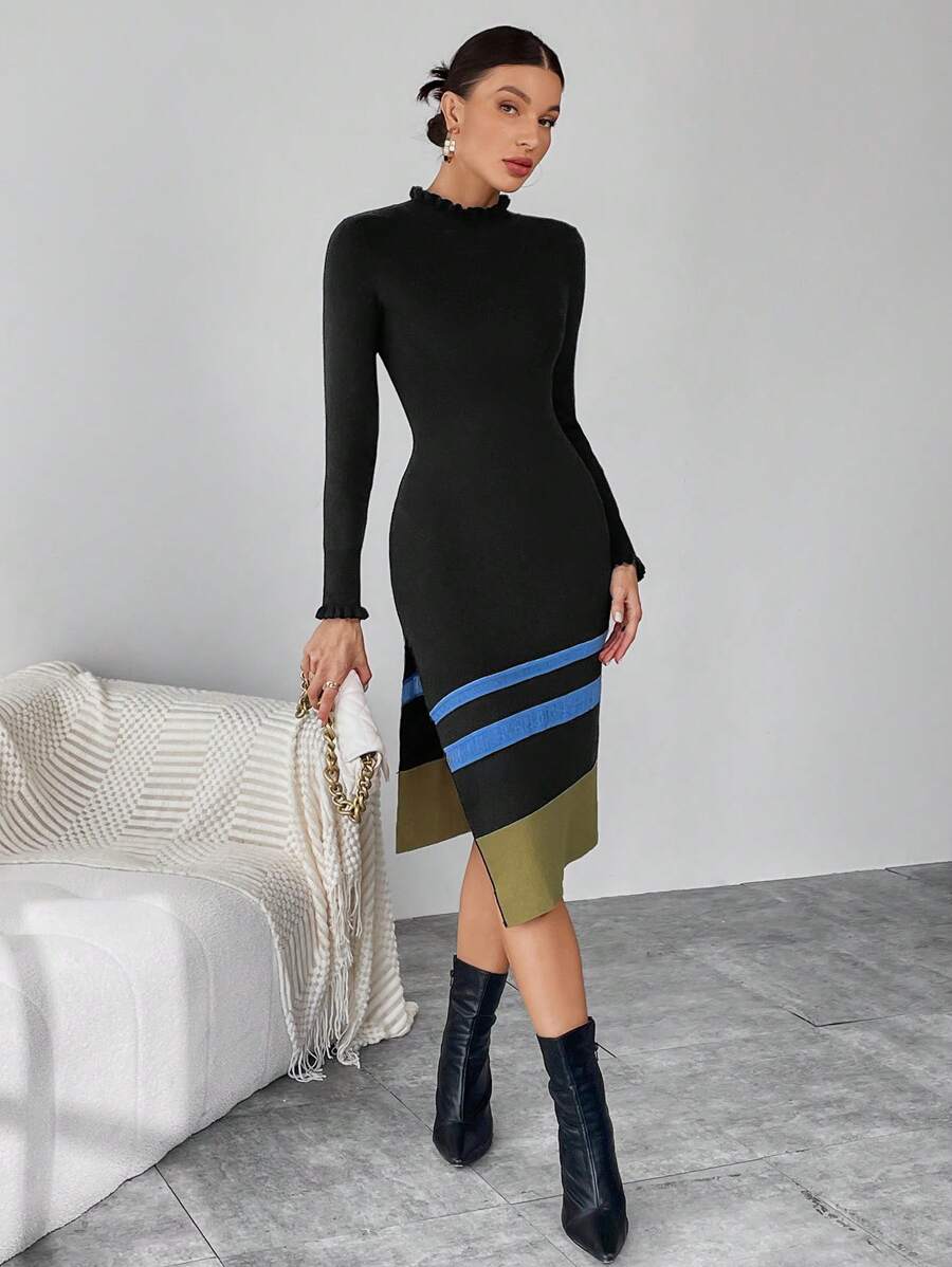 SHEIN Essnce 撞色木耳褶皺邊小高領高衩毛衣洋裝不附腰帶 - 彩色 - 查看 1