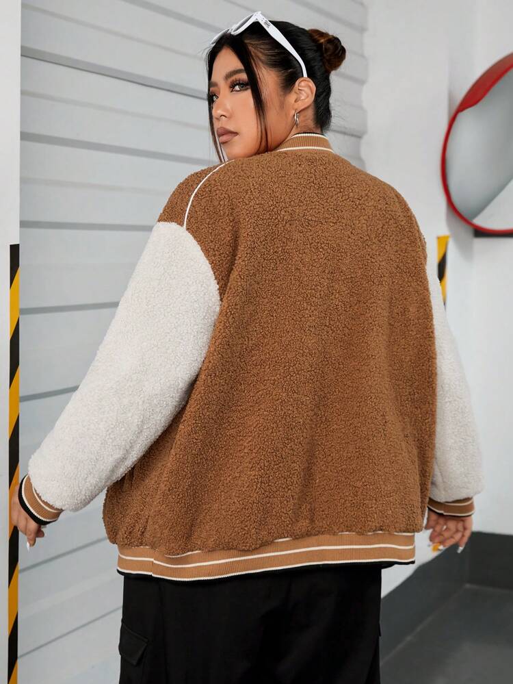 Plus Letter Patched Striped Trim Drop Shoulder Teddy Bomber Jacket