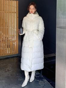 DAZY 女士休闲连帽拉链外套，带腰带，纽扣前襟，口袋，常规袖子，宽松白色纯色女式冬季外套，秋冬季保暖时尚，女士冬季外套 - 白色 - 查看 9