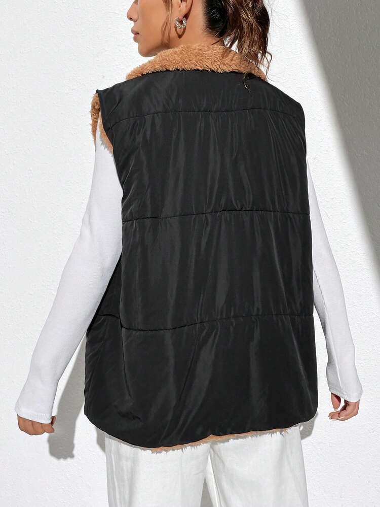 Teddy Lined Snap Button Vest Padded Coat