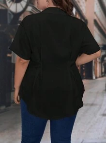 SHEIN Clasi 大碼褶皺荷葉邊下擺襯衫 - 黑色 - 查看 2