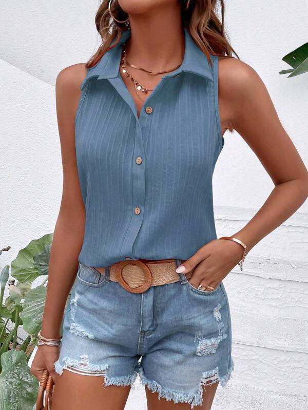 EMERY ROSE Solid Button Front Sleeveless Shirt