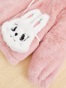 SHEIN Little Girls' Woven Plush Hooded Loose Mid-heavyweight Jacket With Rabbit Shaped Crossbody Bag - Dusty Pink - View 5