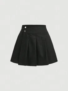 SHEIN MOD Chất rắn Nút Chân Váy xếp ly - màu đen - Xem 1