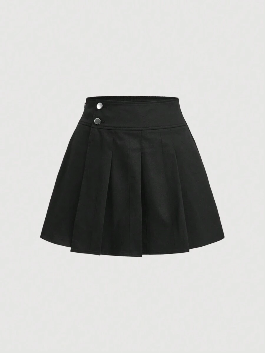 SHEIN MOD Chất rắn Nút Chân Váy xếp ly - màu đen - Xem 1