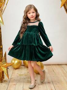 SHEIN Young Girl Knit Round Neck Velvet Contrast Mesh Tight Fitting Princess Dress, Mommy And Me Matching Outfits