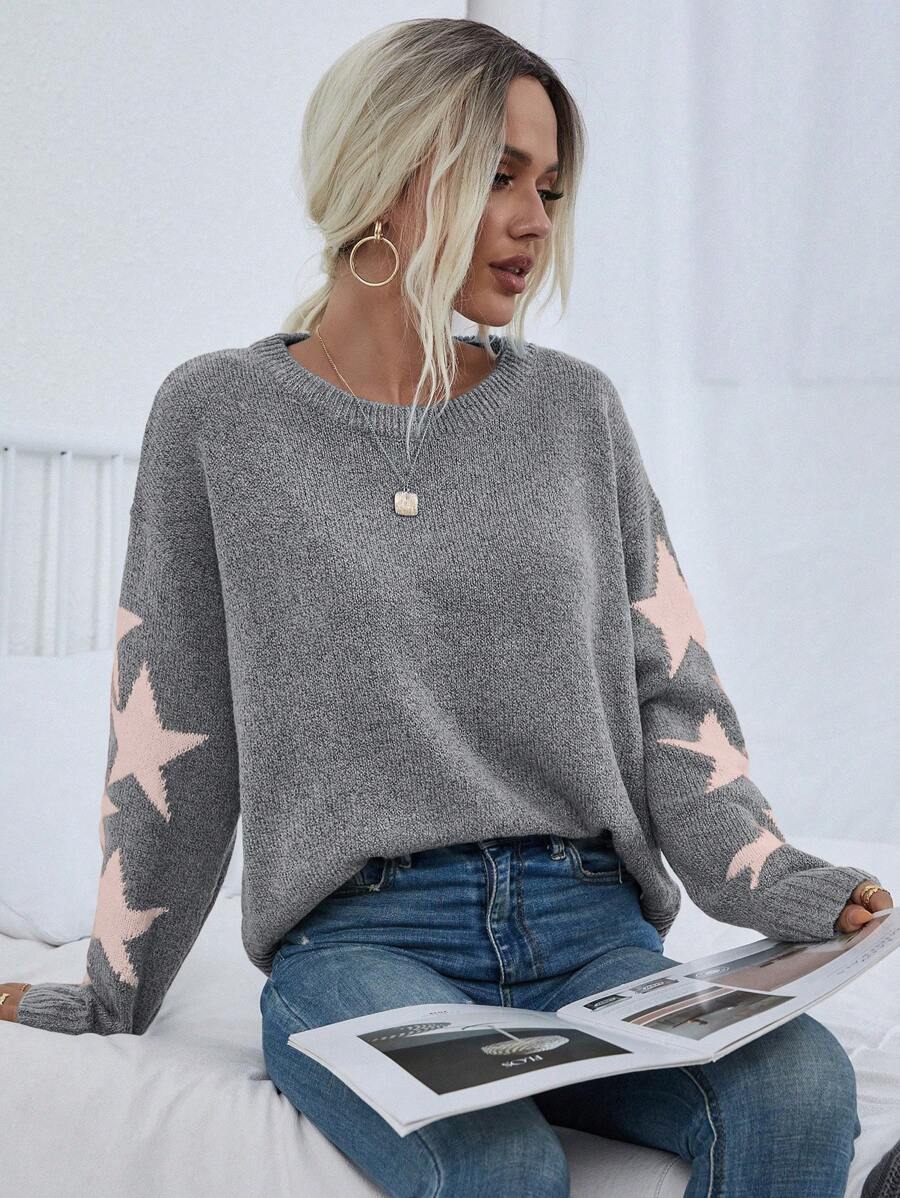 EMERY ROSE Star Pattern Drop Shoulder Sweater,Long Sleeve Tops Knit Pullover Fall Winter Outfit - Grey - View 1