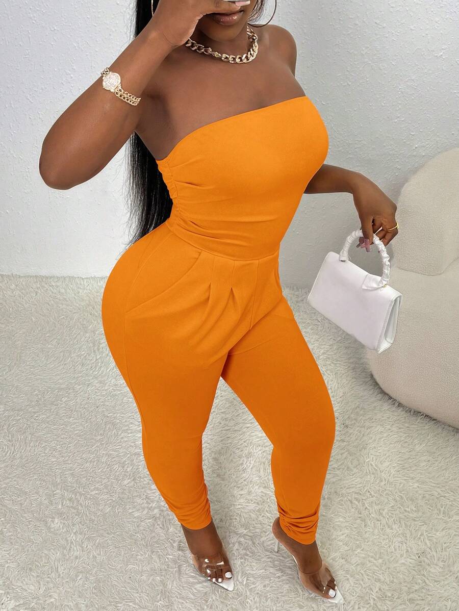 Slaydiva 素色側收褶抹胸連體褲 - 亮橙色 - 查看 1