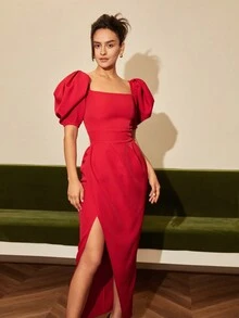 Váy xẻ đùi cổ vuông tay bồng - Đỏ - Xem 3