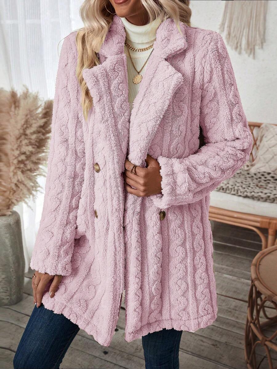 SHEIN LUNE Lapel Neck Double Breasted Teddy Coat - Pink - View 1