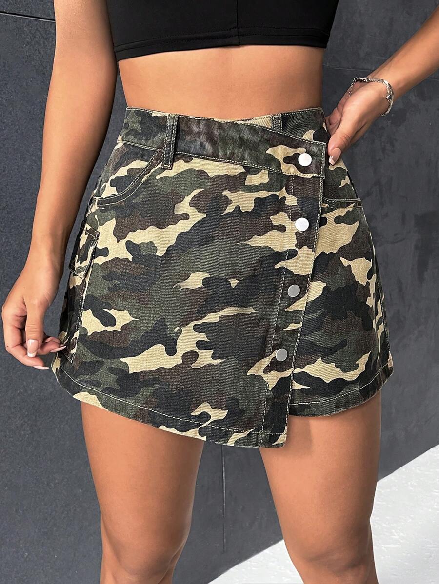 SHEIN EZwear 迷彩印花前紐扣牛仔裙褲 - 軍綠色 - 查看 1