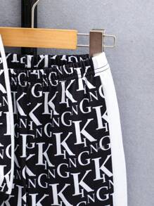 SHEIN 男小童字母圖案飛行員夾克和運動褲不帶T恤 - 黑與白 - 查看 8