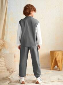 SHEIN 男大童字母貼布翻蓋口袋假兩件上衣&拼接滾邊長褲