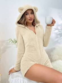 3D Ear Design Hooded Flannel Sleep Romper - Apricot - View 1