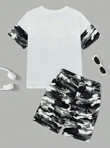 SHEIN 男大童迷彩印花撞色T恤&腰部抽繩短褲 - 彩色 - 查看 2