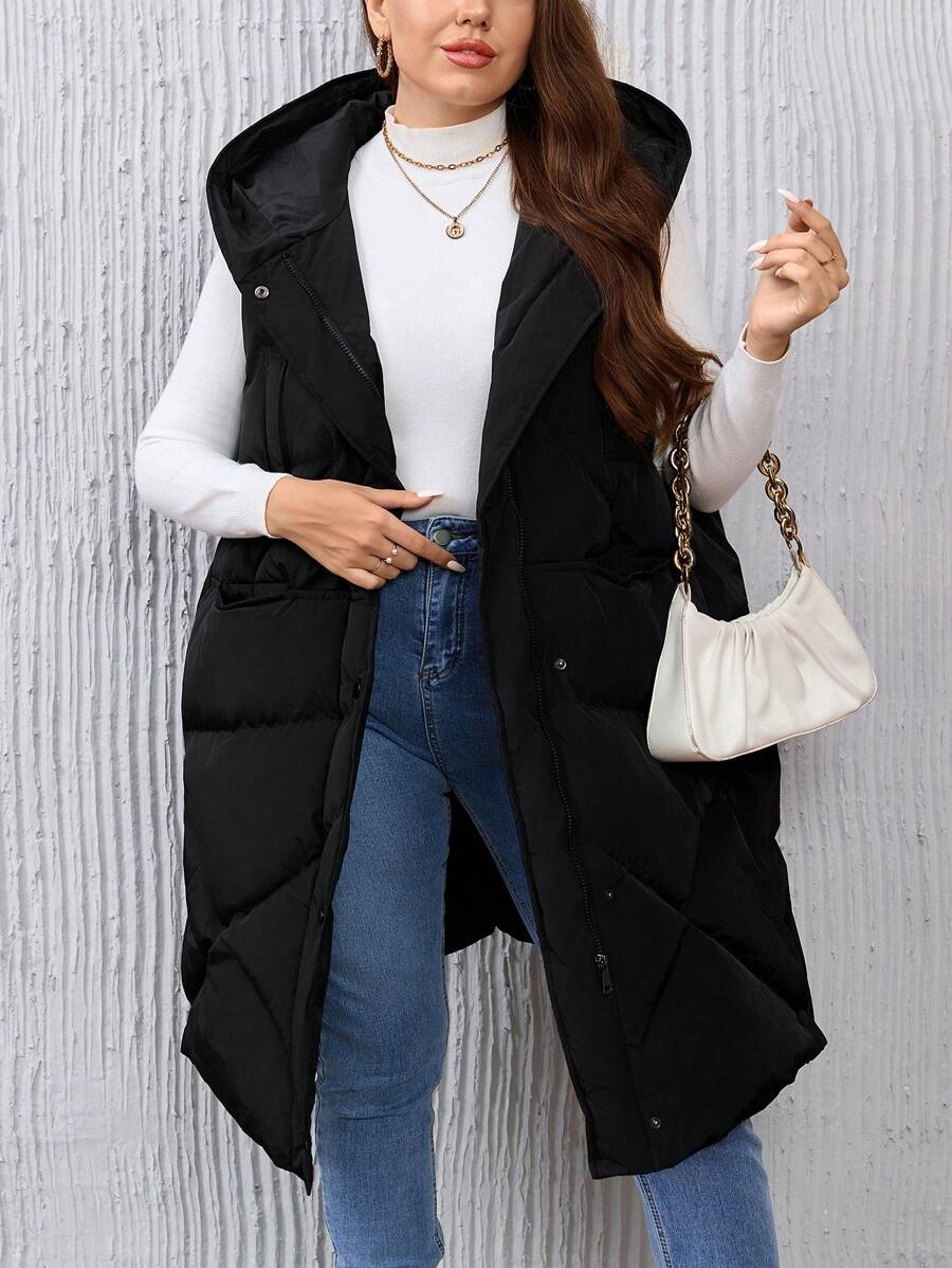 SHEIN Essnce 加拉鍊連帽羽絨背心大衣 - 黑色 - 查看 1